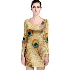 Vintage Peacock Feather Peacock Feather Pattern Background Nature Bird Nature Long Sleeve Velvet Bodycon Dress