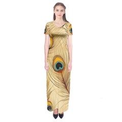 Vintage Peacock Feather Peacock Feather Pattern Background Nature Bird Nature Short Sleeve Maxi Dress