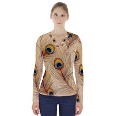 Vintage Peacock Feather Peacock Feather Pattern Background Nature Bird Nature V-neck Long Sleeve Top