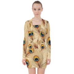 Vintage Peacock Feather Peacock Feather Pattern Background Nature Bird Nature V-neck Bodycon Long Sleeve Dress