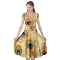 Vintage Peacock Feather Peacock Feather Pattern Background Nature Bird Nature Cap Sleeve Wrap Front Dress