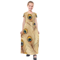 Vintage Peacock Feather Peacock Feather Pattern Background Nature Bird Nature Kids  Short Sleeve Maxi Dress by Maspions