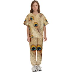 Vintage Peacock Feather Peacock Feather Pattern Background Nature Bird Nature Kids  T-shirt And Pants Sports Set by Maspions