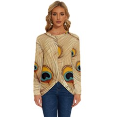 Vintage Peacock Feather Peacock Feather Pattern Background Nature Bird Nature Long Sleeve Crew Neck Pullover Top