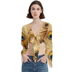 Vintage Peacock Feather Peacock Feather Pattern Background Nature Bird Nature Trumpet Sleeve Cropped Top