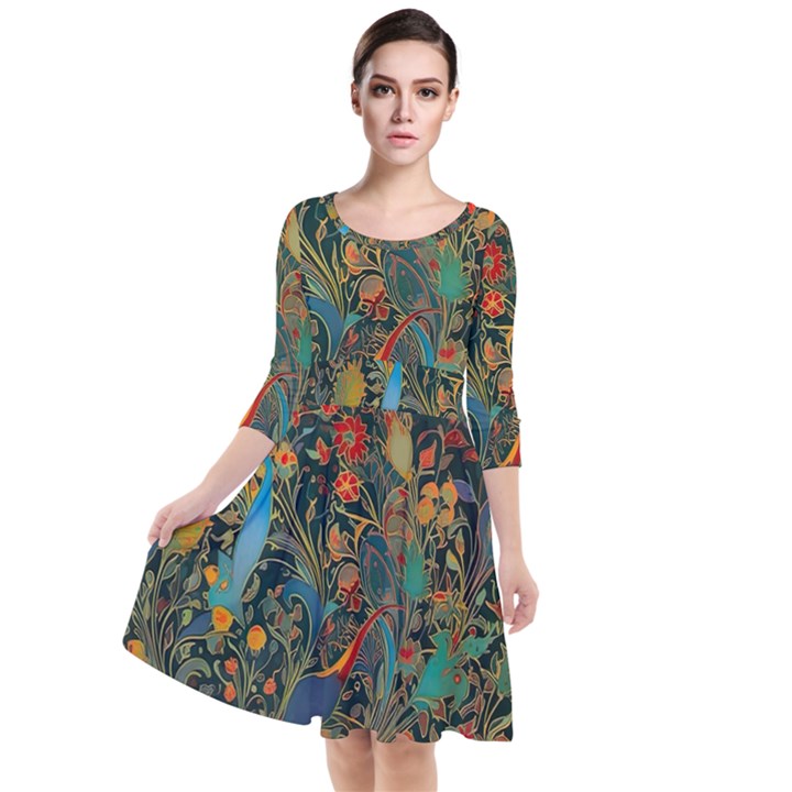 Flowers Trees Forest Mystical Forest Nature Background Landscape Quarter Sleeve Waist Band Dress