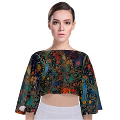 Flowers Trees Forest Mystical Forest Nature Background Landscape Tie Back Butterfly Sleeve Chiffon Top