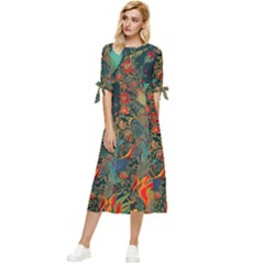 Flowers Trees Forest Mystical Forest Nature Background Landscape Bow Sleeve Chiffon Midi Dress