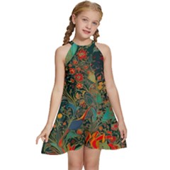 Flowers Trees Forest Mystical Forest Nature Background Landscape Kids  Halter Collar Waist Tie Chiffon Dress