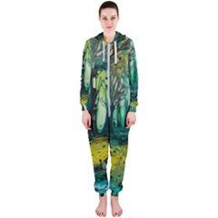 Trees Forest Mystical Forest Nature Junk Journal Landscape Nature Hooded Jumpsuit (ladies)