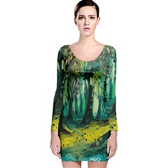 Trees Forest Mystical Forest Nature Junk Journal Landscape Nature Long Sleeve Velvet Bodycon Dress