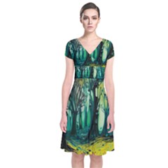 Trees Forest Mystical Forest Nature Junk Journal Landscape Nature Short Sleeve Front Wrap Dress