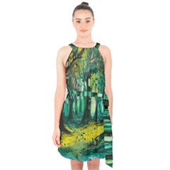 Trees Forest Mystical Forest Nature Junk Journal Landscape Nature Halter Collar Waist Tie Chiffon Dress