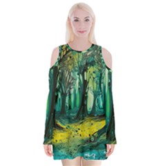 Trees Forest Mystical Forest Nature Junk Journal Landscape Nature Velvet Long Sleeve Shoulder Cutout Dress by Maspions