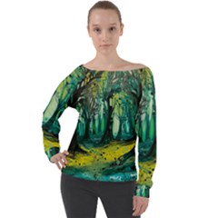 Trees Forest Mystical Forest Nature Junk Journal Landscape Nature Off Shoulder Long Sleeve Velour Top