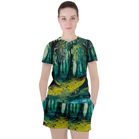 Trees Forest Mystical Forest Nature Junk Journal Landscape Nature Women s T-shirt And Shorts Set by Maspions