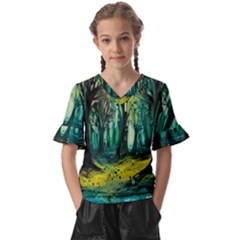 Trees Forest Mystical Forest Nature Junk Journal Landscape Nature Kids  V-neck Horn Sleeve Blouse