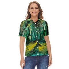 Trees Forest Mystical Forest Nature Junk Journal Landscape Nature Women s Short Sleeve Double Pocket Shirt