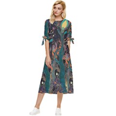 Trees Forest Mystical Forest Nature Junk Journal Landscape Bow Sleeve Chiffon Midi Dress