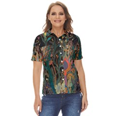 Trees Forest Mystical Forest Nature Junk Journal Landscape Women s Short Sleeve Double Pocket Shirt