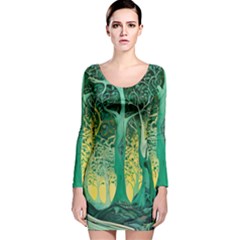 Trees Forest Mystical Forest Nature Junk Journal Scrapbooking Background Landscape Long Sleeve Velvet Bodycon Dress