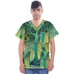 Trees Forest Mystical Forest Nature Junk Journal Scrapbooking Background Landscape Men s V-neck Scrub Top