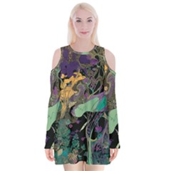 Flowers Trees Forest Mystical Forest Nature Velvet Long Sleeve Shoulder Cutout Dress