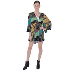 Flowers Trees Forest Mystical Forest Nature V-neck Flare Sleeve Mini Dress