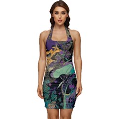 Flowers Trees Forest Mystical Forest Nature Sleeveless Wide Square Neckline Ruched Bodycon Dress