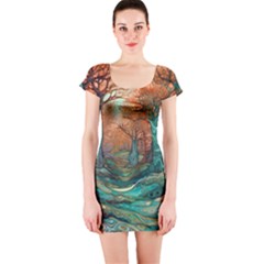 Trees Tree Forest Mystical Forest Nature Junk Journal Scrapbooking Landscape Nature Short Sleeve Bodycon Dress