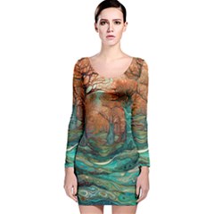 Trees Tree Forest Mystical Forest Nature Junk Journal Scrapbooking Landscape Nature Long Sleeve Velvet Bodycon Dress