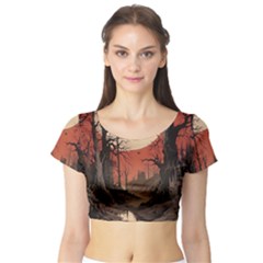 Comic Gothic Macabre Vampire Haunted Red Sky Short Sleeve Crop Top