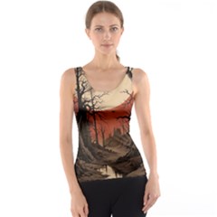 Comic Gothic Macabre Vampire Haunted Red Sky Women s Basic Tank Top