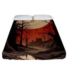 Comic Gothic Macabre Vampire Haunted Red Sky Fitted Sheet (queen Size)