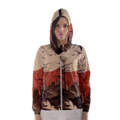 Comic Gothic Macabre Vampire Haunted Red Sky Women s Hooded Windbreaker