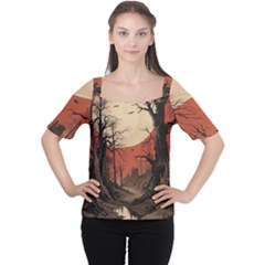 Comic Gothic Macabre Vampire Haunted Red Sky Cutout Shoulder T-shirt