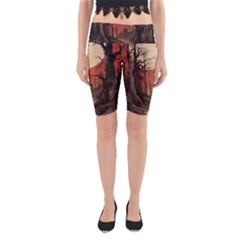 Comic Gothic Macabre Vampire Haunted Red Sky Yoga Cropped Leggings by Maspions