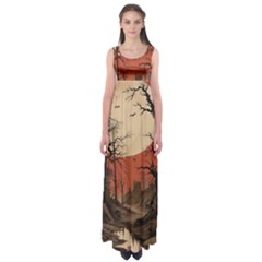 Comic Gothic Macabre Vampire Haunted Red Sky Empire Waist Maxi Dress