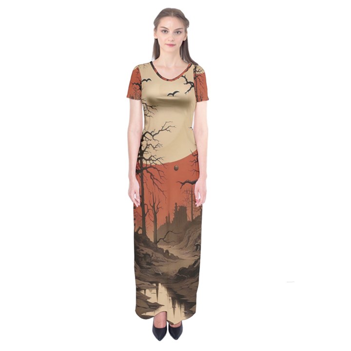 Comic Gothic Macabre Vampire Haunted Red Sky Short Sleeve Maxi Dress