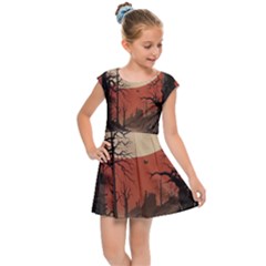 Comic Gothic Macabre Vampire Haunted Red Sky Kids  Cap Sleeve Dress by Maspions