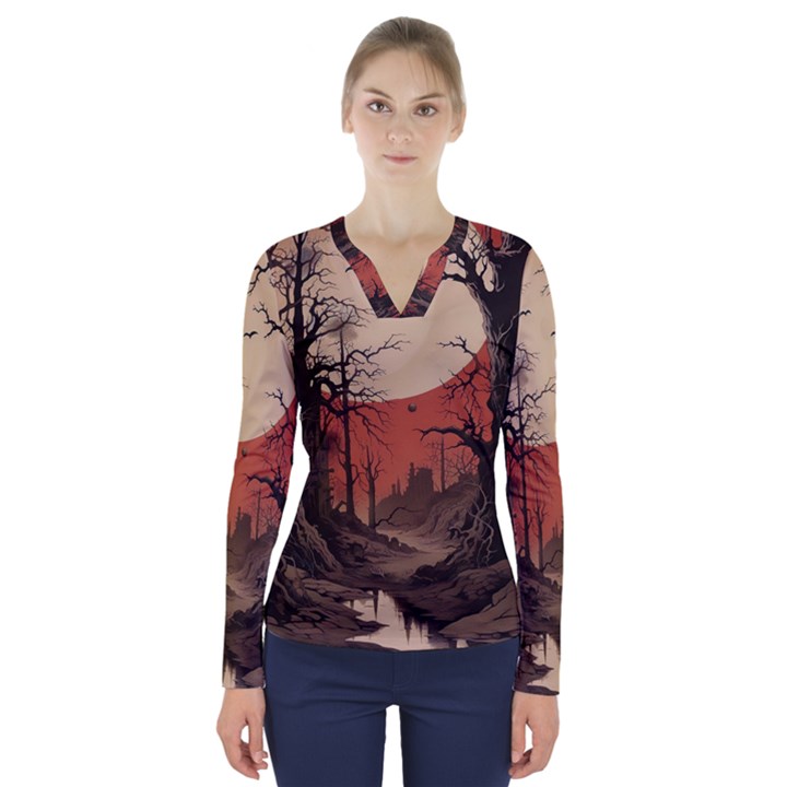 Comic Gothic Macabre Vampire Haunted Red Sky V-Neck Long Sleeve Top