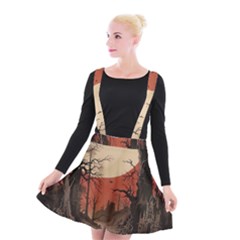 Comic Gothic Macabre Vampire Haunted Red Sky Suspender Skater Skirt