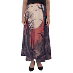 Comic Gothic Macabre Vampire Haunted Red Sky Flared Maxi Skirt by Maspions