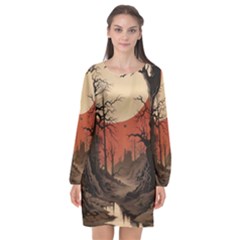 Comic Gothic Macabre Vampire Haunted Red Sky Long Sleeve Chiffon Shift Dress 