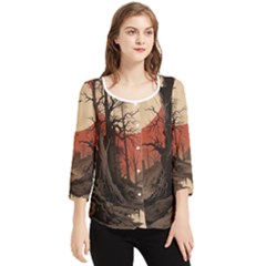 Comic Gothic Macabre Vampire Haunted Red Sky Chiffon Quarter Sleeve Blouse