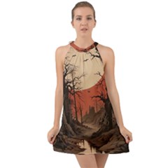 Comic Gothic Macabre Vampire Haunted Red Sky Halter Tie Back Chiffon Dress