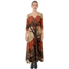 Comic Gothic Macabre Vampire Haunted Red Sky Button Up Boho Maxi Dress by Maspions