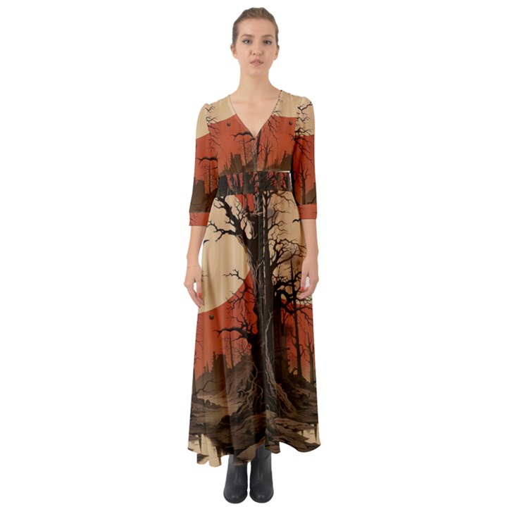 Comic Gothic Macabre Vampire Haunted Red Sky Button Up Boho Maxi Dress