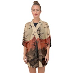 Comic Gothic Macabre Vampire Haunted Red Sky Half Sleeve Chiffon Kimono