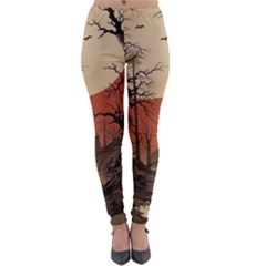 Comic Gothic Macabre Vampire Haunted Red Sky Lightweight Velour Leggings